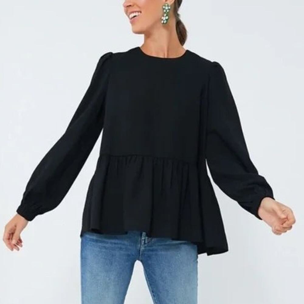 Tuckernuck Pomander Carlota Peplum Blouse in Black with Billowy Sleeves Size XS